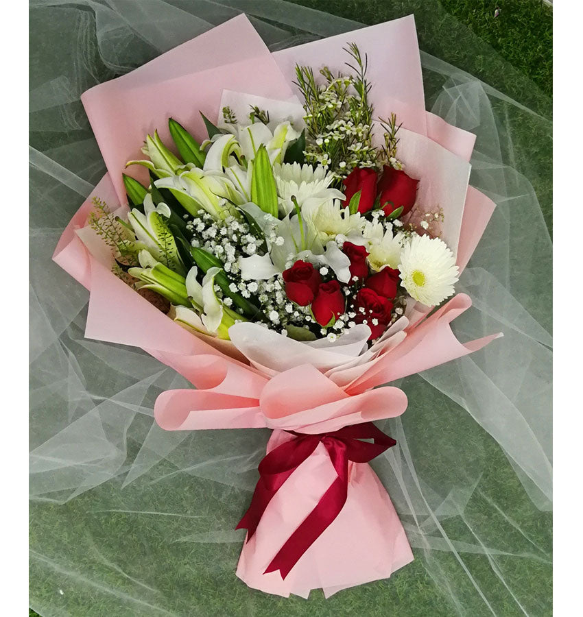 White Lily With Red Roses