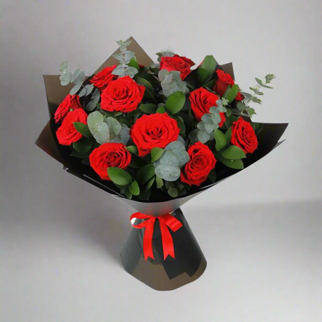 Red Rose Bouquet With Eucalyptus
