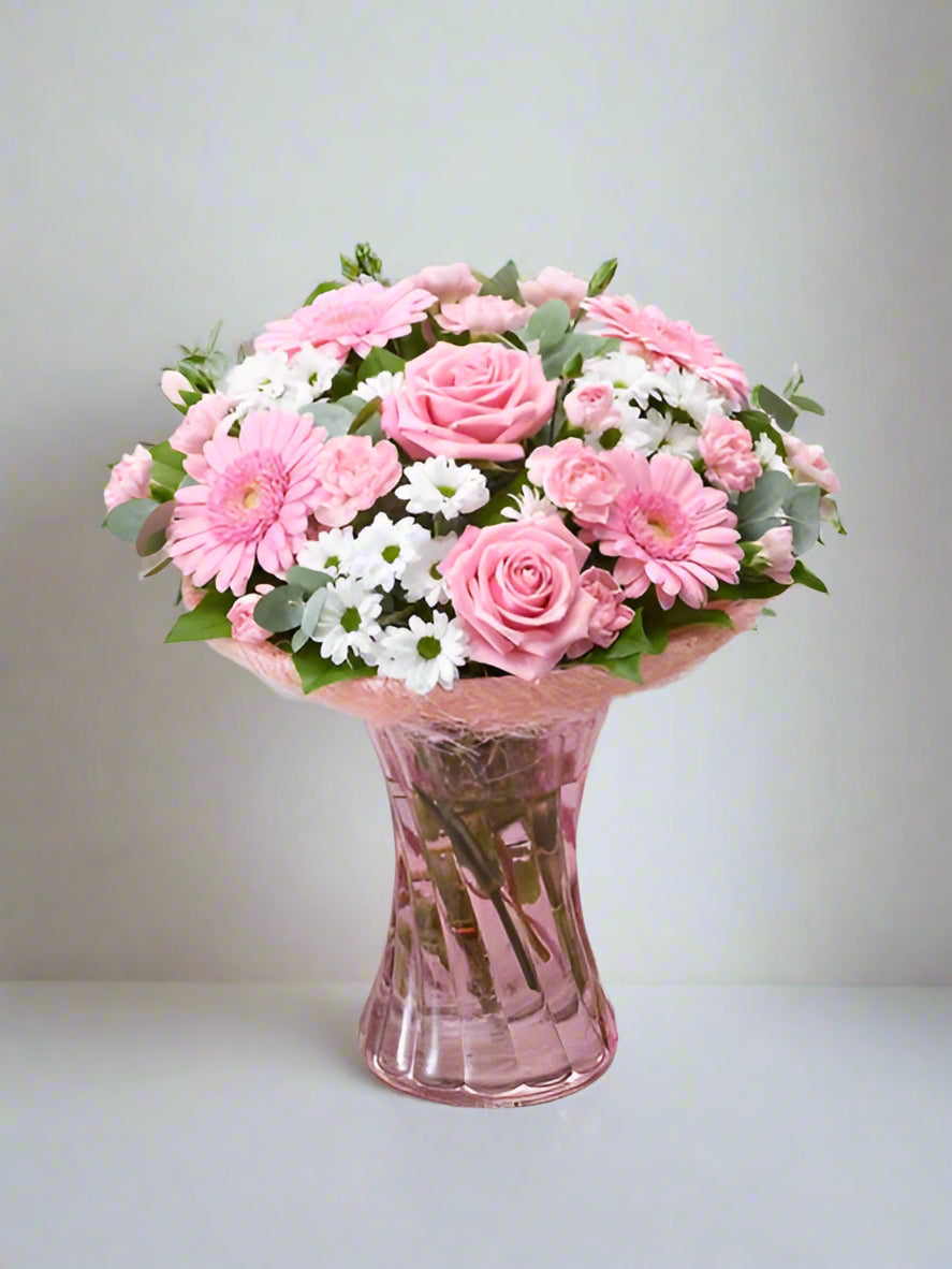 Vase - Pink Gerberas and Pink Roses