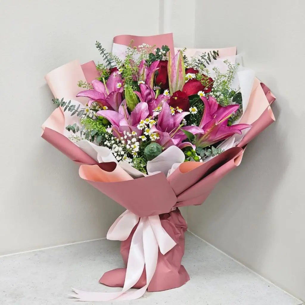 Pink Lily With Red Rose Bouquet