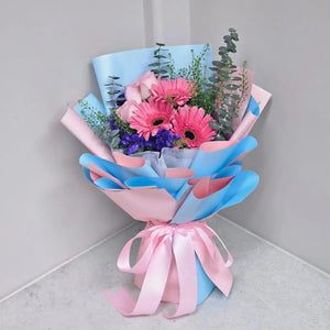 Pink Gerbera With Blue Statice