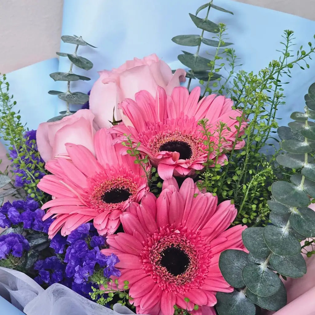 Pink Gerbera With Blue Statice