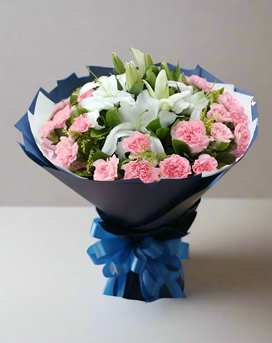 White Lily With Pink Carnations