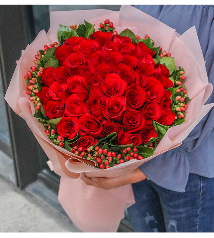 50 Red Roses With Hypericum