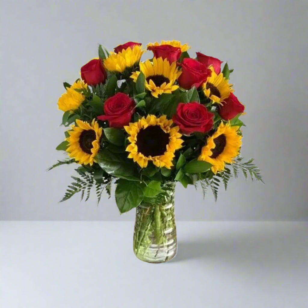 Sunflowers and Red Roses In Vase
