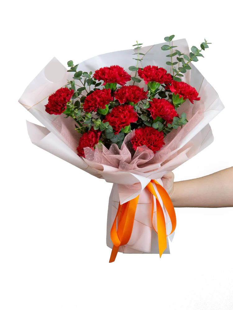 Red Carnations With Eucalyptus
