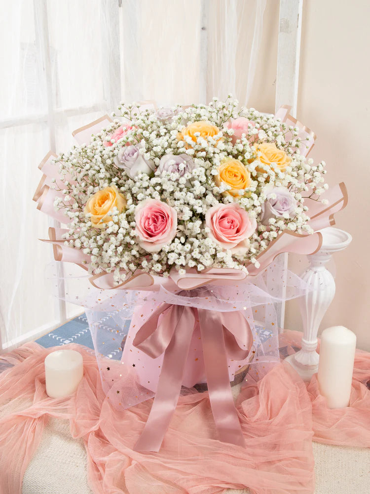 12 Purple, Pink, Yellow Roses