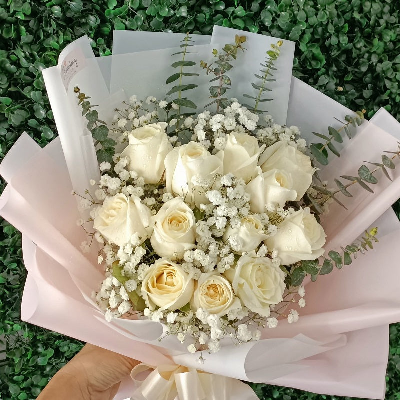 12 White Roses With Eucalyptus