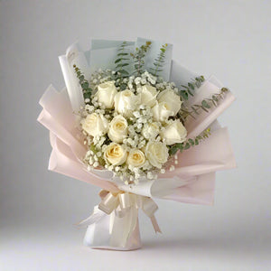 12 White Roses With Eucalyptus