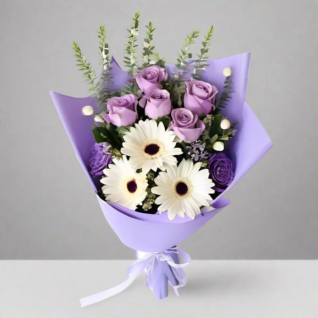 Purple Roses And White Gerbera Bouquet