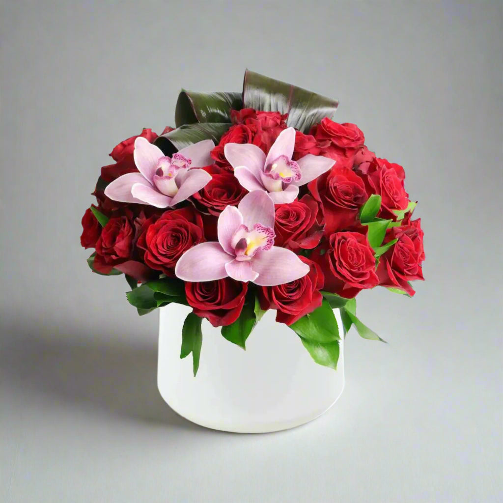 Red Rose With Orchids In Box