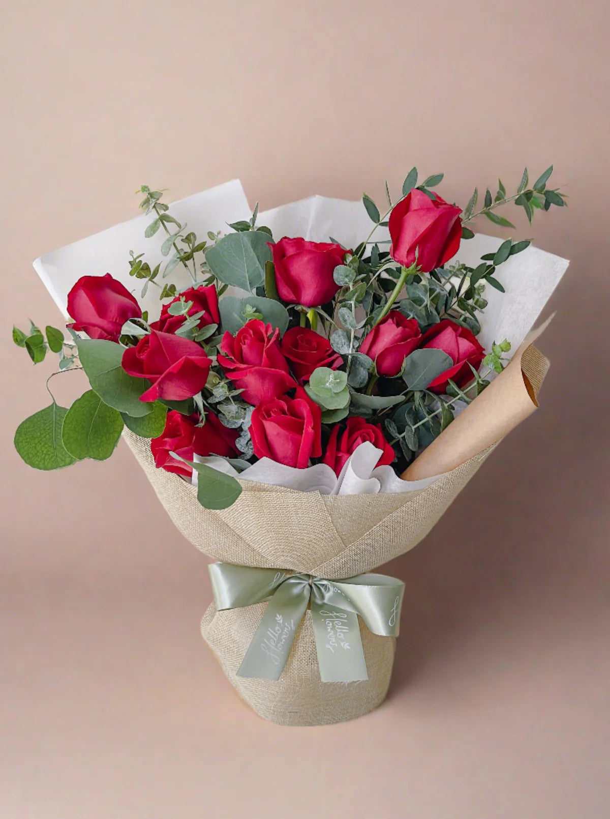 12 Red Roses With Eucalyptus