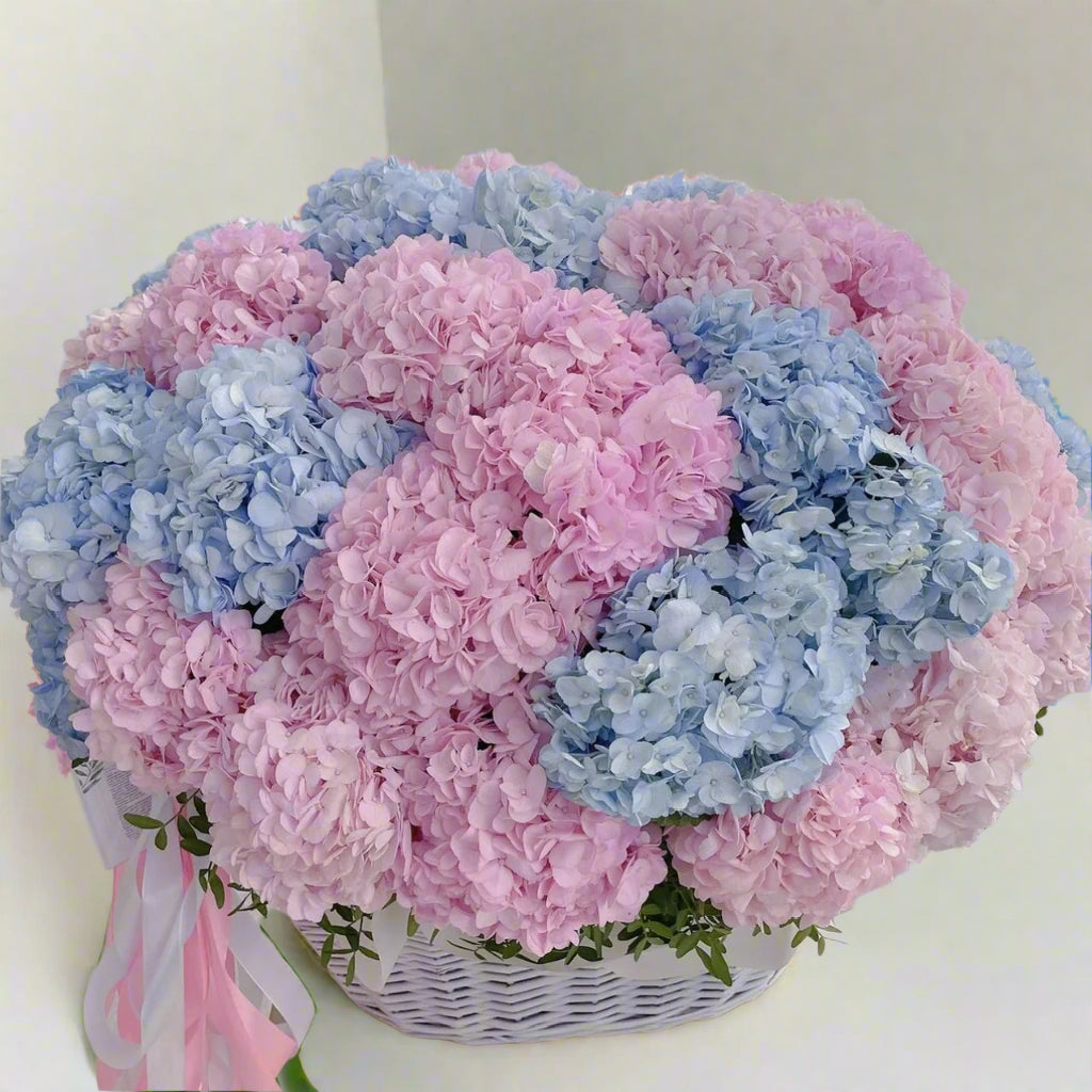 Pink And Blue Hydrangeas In Basket