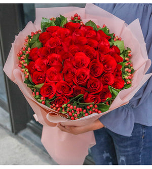 50 Red Roses With Hypericum