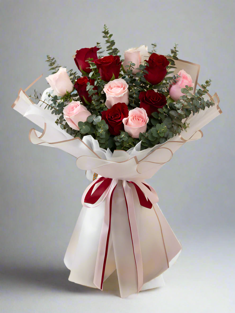 Red And Pink Rose Bouquet With Eucalyptus